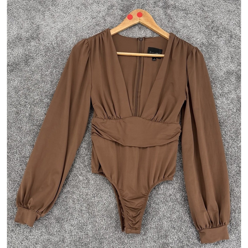 Line & Dot Brown Long Sleeve Deep V-Neck Ruched Waist Bodysuit Small NWOT